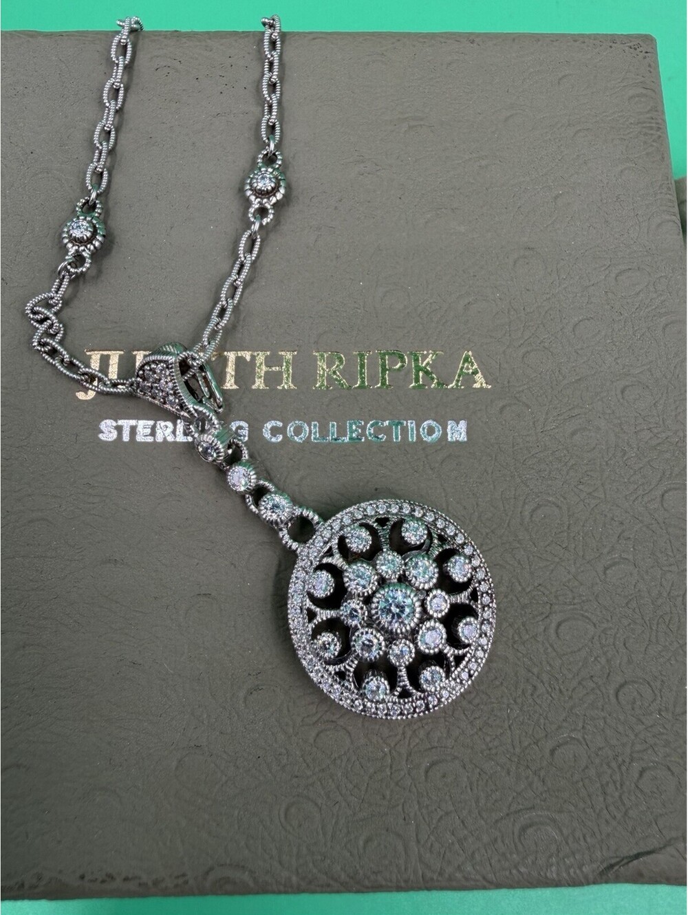 Judith Ripka 925 Sterling Silver Heart Pendant Necklace CZ 18” On Chain Station